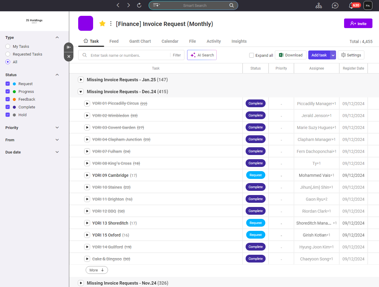 Example of how the fiance team uses morningmate project in task list view to manage their invoices