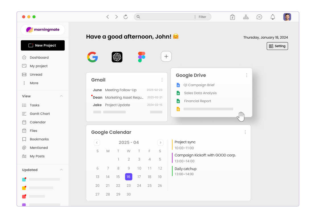 Morningmate dashboard with Google Workspace widgets