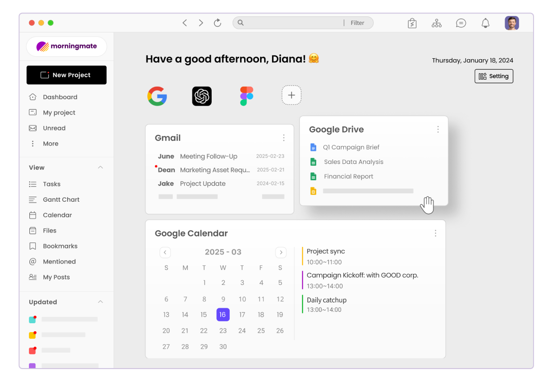 Morningmate dashboard with google workspace widgets