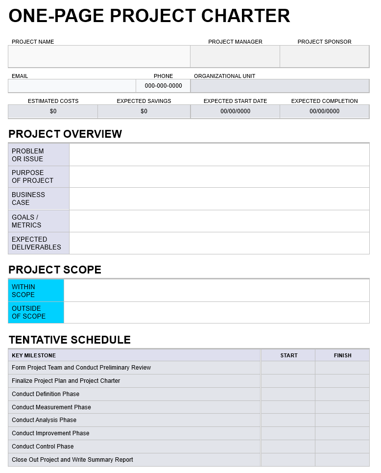 one page project charter template