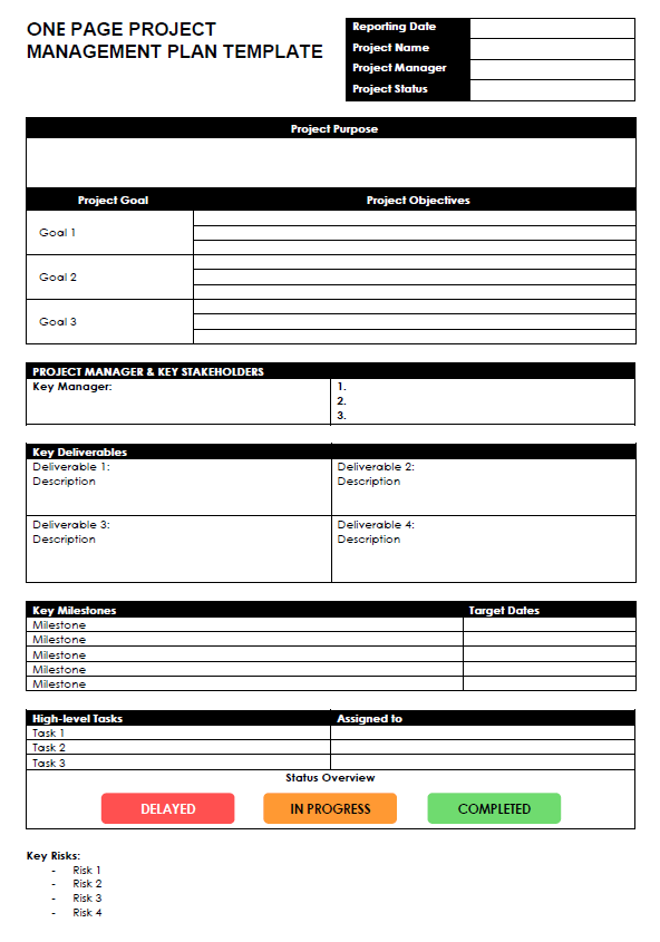 one page project management plan