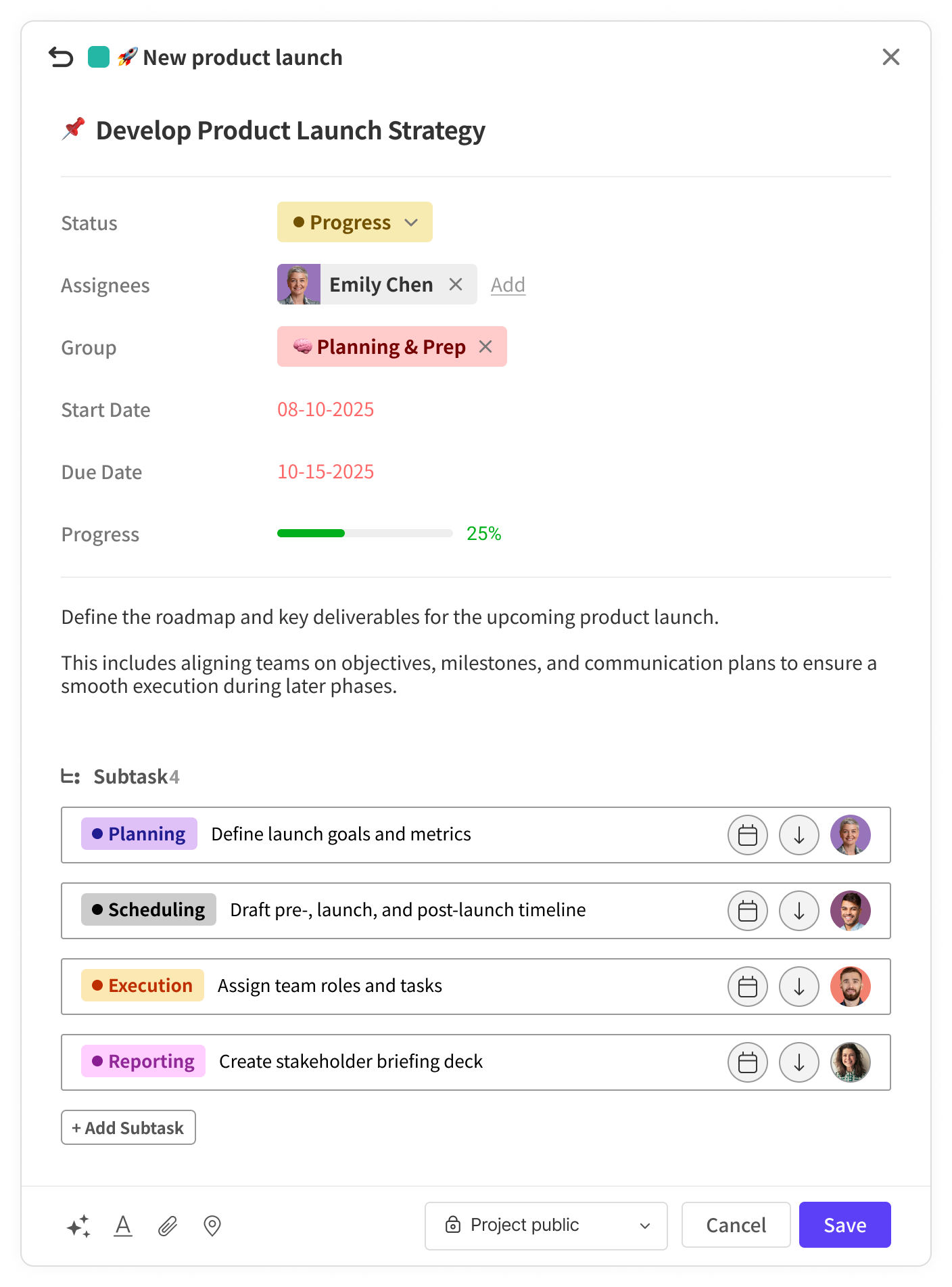 Morningmate task post with subtasks