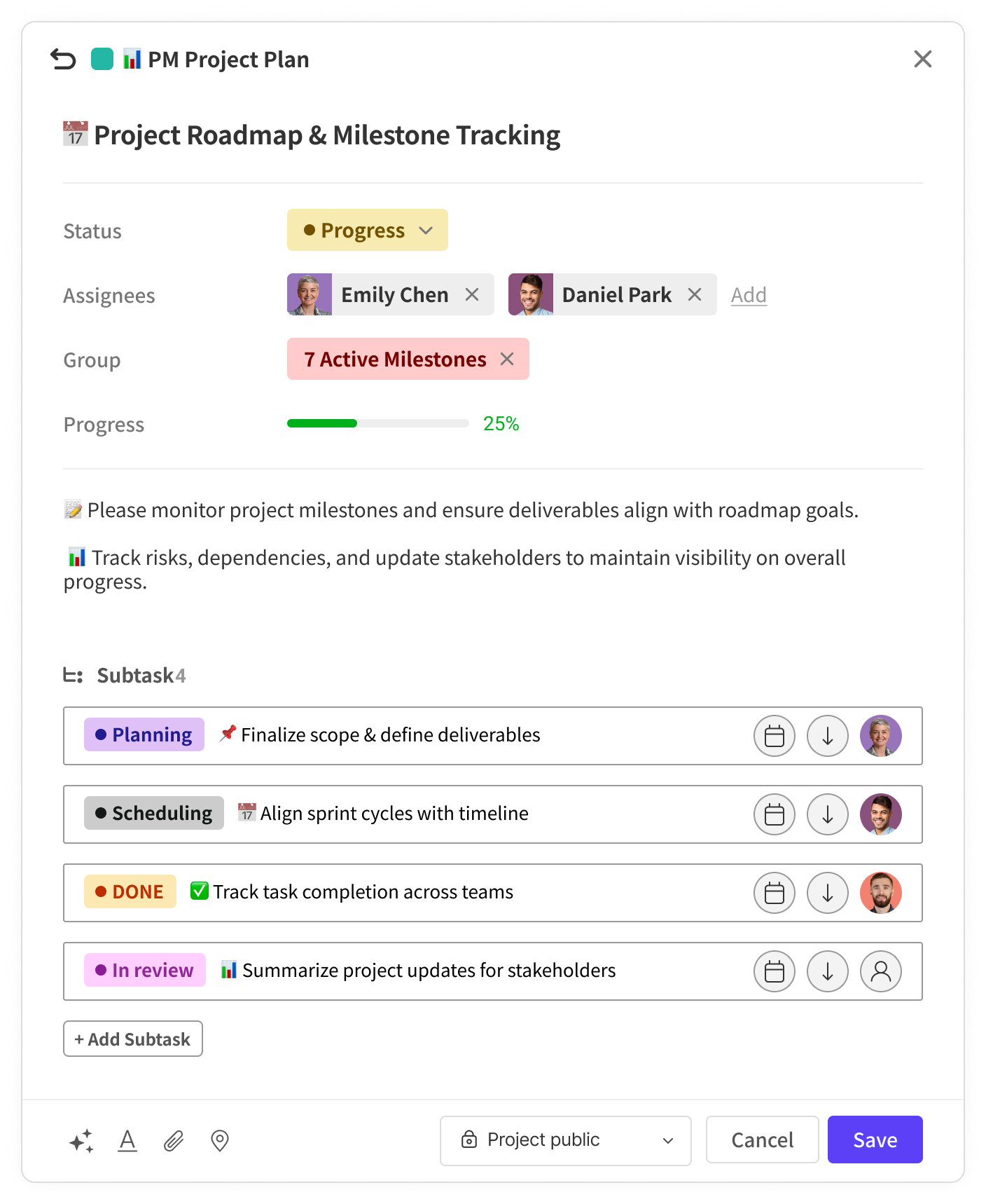 morningmate task & subtasks for project management