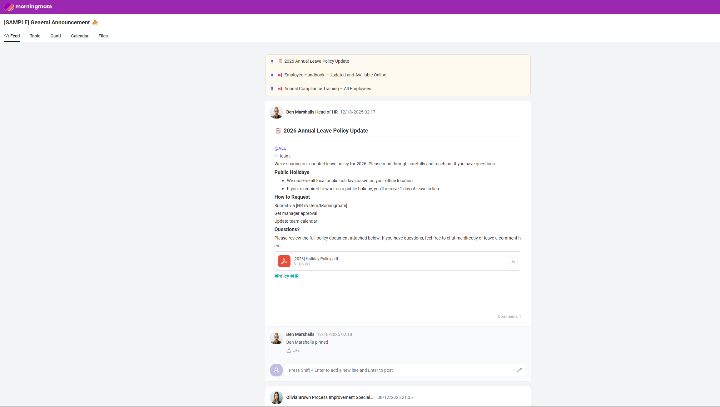 morningmate feed for company wide announcements